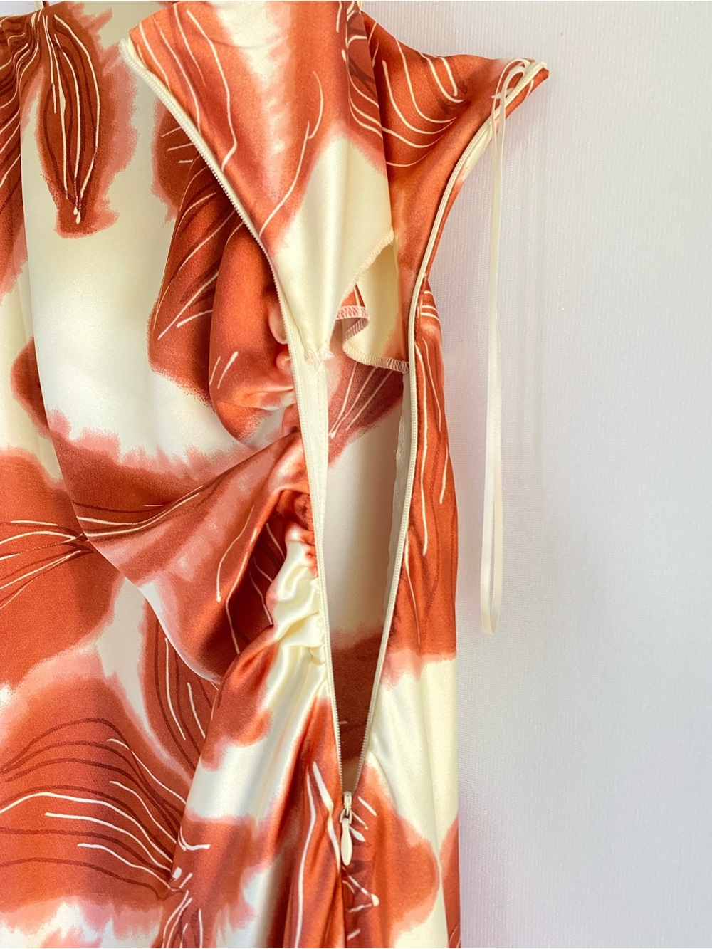 House of Harlow Rust Orange Abstract Floral Midi Slip Dress Ruched 70s Resort M - Picture 9 of 13